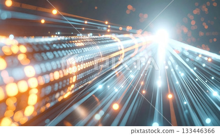 Abstract digital light streaks with glowing dots representing high speed data transfer and futuristic technology in a dynamic vibrant scene Abstract digital light streaks with glowing dots representing high speed data transfer and futuristic technology in a dynamic vibrant scene 133446366