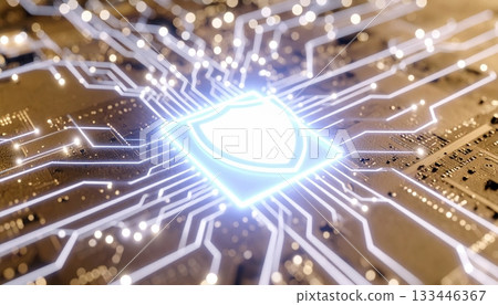 Close-up of a glowing digital shield symbol on a circuit board representing cybersecurity and data protection in modern technology Close-up of a glowing digital shield symbol on a circuit board representing cybersecurity and data protection in modern technology 133446367
