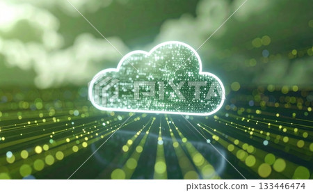 Futuristic cloud computing technology with digital data streaming representing cloud storage and data transfer in a modern technology concept Futuristic cloud computing technology with digital data streaming representing cloud storage and data transfer in a modern technology concept 133446474