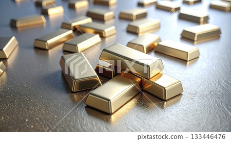 Close-up view of shiny gold bars scattered on dark surface with reflections, emphasizing luxury wealth investment and precious metal commodities Close-up view of shiny gold bars scattered on dark surface with reflections, emphasizing luxury wealth investment and precious metal commodities 133446476