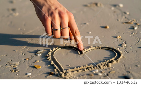 Vacation sunny close up of a woman drawing a romantic heart on the shore Vacation sunny close up of a woman drawing a romantic heart on the shore 133446512