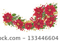 Vibrant watercolor illustration with red poinsettias, holly berries, fir branches, gold vignettes arranged in festive garland for Christmas cards, invitations, seasonal decor, branding, holiday craft 133446604