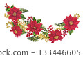 Vibrant watercolor illustration with red poinsettias, holly berries, fir branches, gold vignettes arranged in festive garland for Christmas cards, invitations, seasonal decor, branding, holiday craft 133446605