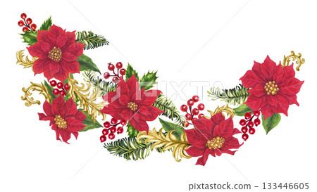 Vibrant watercolor illustration with red poinsettias, holly berries, fir branches, gold vignettes arranged in festive garland for Christmas cards, invitations, seasonal decor, branding, holiday craft Vibrant watercolor illustration with red poinsettias, holly berries, fir branches, gold vignettes arranged in festive garland for Christmas cards, invitations, seasonal decor, branding, holiday craft 133446605