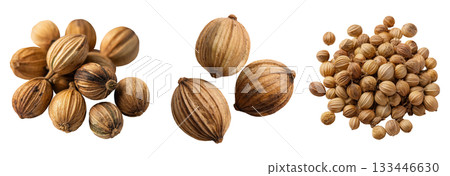 Set of spice, brown coriander seeds, isolated on a transparent background. 133446630