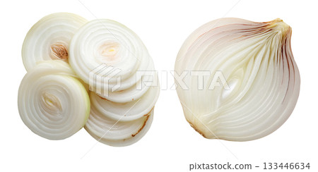 Set of fresh vegetable, sliced onion, isolated on a transparent background. 133446634