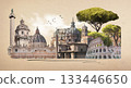 Rome famous landmarks collage. The modern art design from best views of Rome, Ital at Europe. 133446650