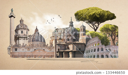 Rome famous landmarks collage. The modern art design from best views of Rome, Ital at Europe. 133446650