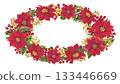 Rich oval frame with red poinsettias, holly, berries, fir branches, and gold vignettes. Elegant watercolor template for Christmas cards, invitations, seasonal decor, branding, holiday crafts. 133446669