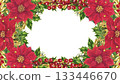 Rich oval frame with red poinsettias, holly, berries, fir branches, and gold vignettes. Elegant watercolor template for Christmas cards, invitations, seasonal decor, branding, holiday crafts. 133446670