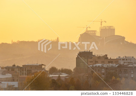 buildings in Yerevan city in yellow smoggy sunset buildings in Yerevan city in yellow smoggy sunset 133446828