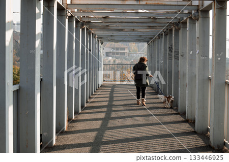 A woman walks her dog down a long, empty hallway A woman walks her dog down a long, empty hallway 133446925