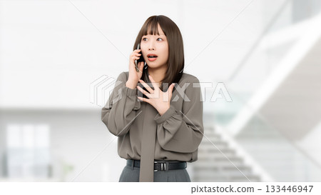 A woman/businesswoman surprised while talking on her smartphone A woman/businesswoman surprised while talking on her smartphone 133446947
