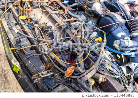 underhood space in old abandoned car outdoors 133446985