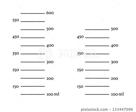 Set of scales 500, 600 ml liquid volume. Graphic minimalist black templates isolated on white background. Measuring milliliters cup, jug to preparing cooking pattern. Set of scales 500, 600 ml liquid volume. Graphic minimalist black templates isolated on white background. Measuring milliliters cup, jug to preparing cooking pattern. 133447099
