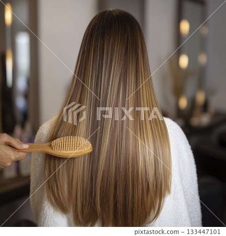 Back view hairbrush hand long straight hair smooth shine salon grooming calm Back view hairbrush hand long straight hair smooth shine salon grooming calm 133447101