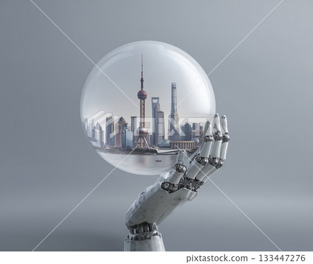 Futuristic robot hand holds glass sphere with city skyline reflecting inside, serene futuristic urban concept Futuristic robot hand holds glass sphere with city skyline reflecting inside, serene futuristic urban concept 133447276