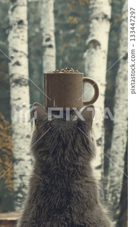 Cozy cat with mug of coffee beans balanced on head in rainy birch forest, tranquil mood 133447297