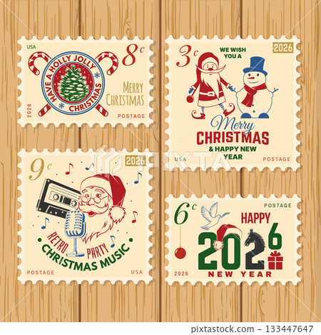 Postage stamps. Merry Christmas and Happy New Year 2026 retro postage stamp with Santa Claus, Christmas tree, gifts, poker card, casino chips, roulette. Vector illustration. Vintage design for xmas 133447647