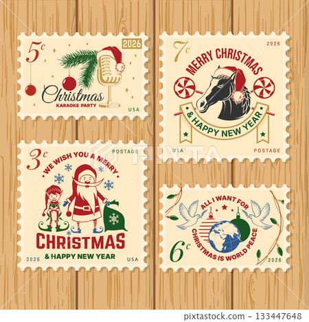 Postage stamps. Merry Christmas and Happy New Year 2026 retro postage stamp with Santa Claus, Christmas tree, gifts, poker card, casino chips, roulette. Vector illustration. Vintage design for xmas 133447648