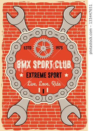 Bmx extreme sport club poster, banner, magazine template. Vector. Concept for shirt, logo, print, stamp, tee with sprocket, chain. Vintage typography design with bmx chain and sprocket silhouette. Bmx extreme sport club poster, banner, magazine template. Vector. Concept for shirt, logo, print, stamp, tee with sprocket, chain. Vintage typography design with bmx chain and sprocket silhouette. 133447651