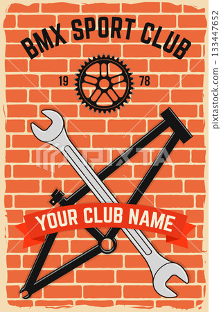 Bmx extreme sport club poster, banner, magazine template. Vector. Concept for shirt, logo, print, stamp, tee with frames, chain. Vintage typography design with bmx frames, sprocket silhouette. 133447652