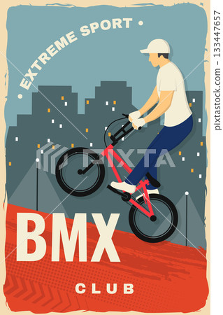 Bmx extreme sport club poster, banner, magazine template. Vector. Concept for shirt, logo, print, stamp, tee with man ride on a sport bicycle. Vintage typography design with bmx cyclist silhouette. 133447657