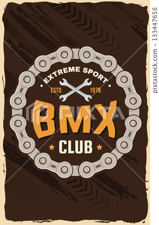 Bmx extreme sport club poster, banner, magazine template. Vector. Concept for shirt, logo, print, stamp, tee with sprocket, chain. Vintage typography design with wrench and chain silhouette. 133447658