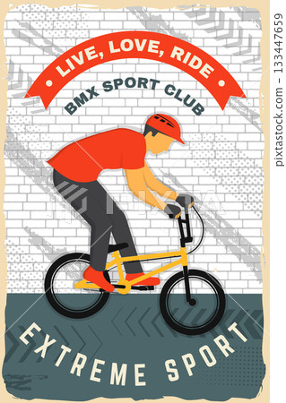 Bmx extreme sport club poster, banner, magazine template. Vector. Concept for shirt, logo, print, stamp, tee with man ride on a sport bicycle. Vintage typography design with bmx cyclist silhouette. 133447659
