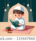 A cartoon illustration of a young Muslim boy sitting on a prayer rug and reading the Quran. He is wearing a white thobe and skullcap in a peaceful setting. 133447660