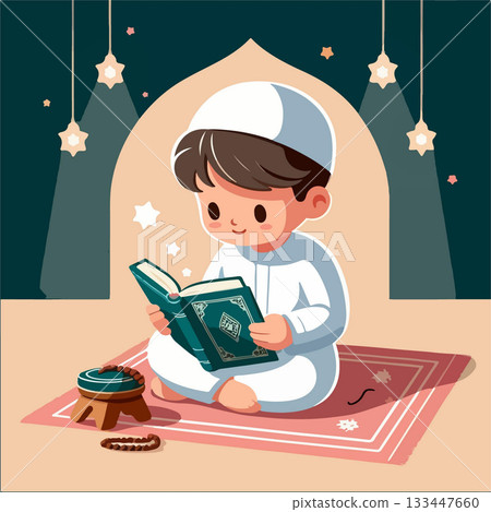 A cartoon illustration of a young Muslim boy sitting on a prayer rug and reading the Quran. He is wearing a white thobe and skullcap in a peaceful setting. A cartoon illustration of a young Muslim boy sitting on a prayer rug and reading the Quran. He is wearing a white thobe and skullcap in a peaceful setting. 133447660