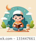 A cartoon illustration of a young Muslim boy reading the Quran. 133447661