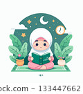 A cute Muslim girl in a hijab sits on a prayer mat, reading the Quran under a crescent moon and stars, with potted plants on either side, creating a peaceful and spiritual scene. 133447662