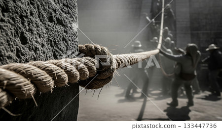 Laborers strain to pull a large stone block up the steep steps of an Aztec temple pyramid. Thick woven hemp rope tightens as they work together in the dusty environment. 133447736
