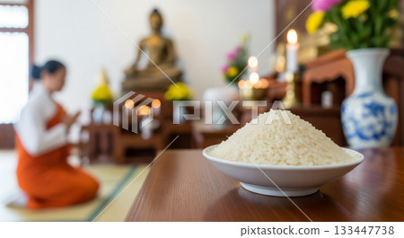 A bowl of perfectly arranged rice sits on a polished wooden altar, while a person prays in the background at a peaceful Buddhist temple. The atmosphere is calm and reflective. 133447738