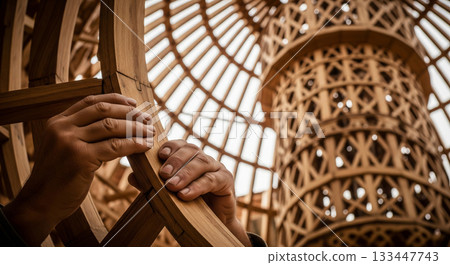Hands of an Islamic artisan show care and skill while shaping a dome rib structure for a mosque. The intricate wooden design highlights traditional craftsmanship in architecture. 133447743