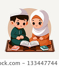 Illustration of two Muslim children, a boy and a girl, reading the Quran together with devotion and focus, symbolizing religious education and unity. 133447744