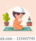 A young boy in traditional attire kneels on a prayer mat, eyes closed in prayer, with a mosque illustration in the background. 133447745