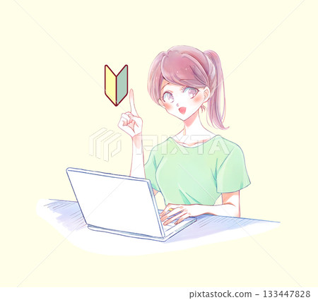 A woman in casual clothes operating a laptop, smiling, beginner 133447828