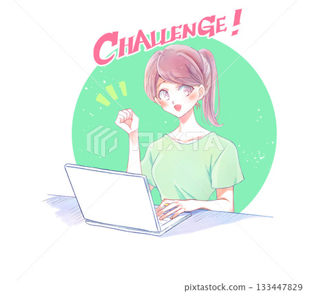 A woman in casual clothes operating a laptop, smiling, clenching her fist A woman in casual clothes operating a laptop, smiling, clenching her fist 133447829