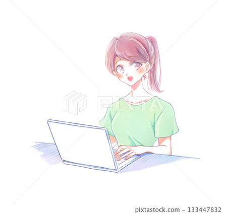 A woman in casual clothes operating a laptop smiling 133447832