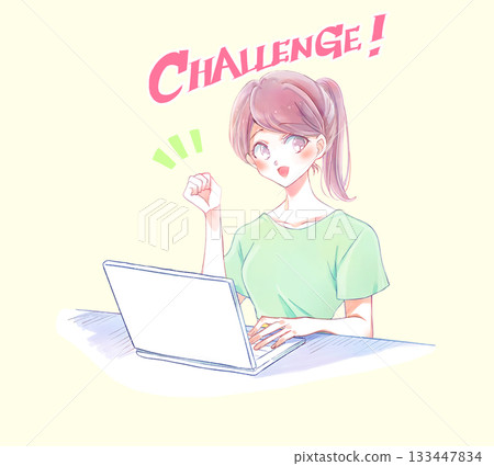 A woman in casual clothes operating a laptop, smiling, clenching her fist A woman in casual clothes operating a laptop, smiling, clenching her fist 133447834