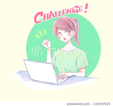 A woman in casual clothes operating a laptop, smiling, clenching her fist 133447835