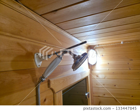 Rustic Sauna Shower Corner with Wooden Walls 133447845
