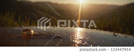 The concept of the sun and water. Drops of water shimmer in the backlight. Banner for design, website, decor. 133447954