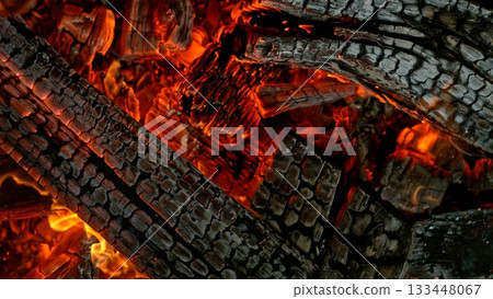 Close-up of Hot Embers with Flying Sparks . Concept of heating grills or ovens Close-up of Hot Embers with Flying Sparks . Concept of heating grills or ovens 133448067