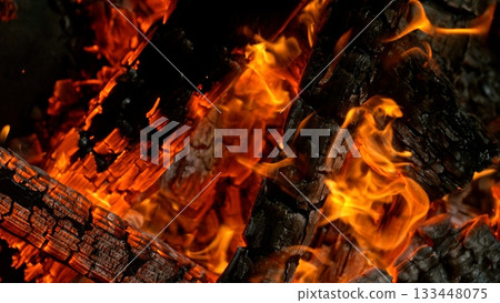 Close-up of Hot Embers with Flying Sparks . Concept of heating grills or ovens 133448075