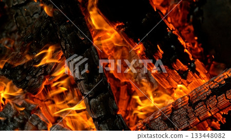 Close-up of Hot Embers with Flying Sparks . Concept of heating grills or ovens 133448082