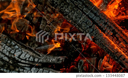 Close-up of Hot Embers with Flying Sparks . Concept of heating grills or ovens 133448087