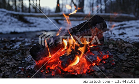 Beautiful Crackling Campfire in the Winter Spruce Forest , Authentic Place Beautiful Crackling Campfire in the Winter Spruce Forest , Authentic Place 133448101